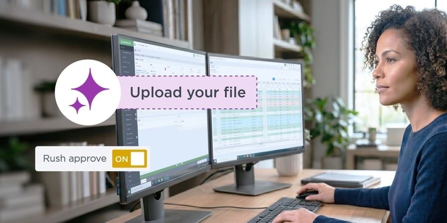 Woman reviewing spreadsheet data on dual monitors with upload prompt